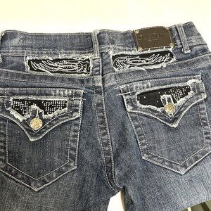 Red Rivet Jeans Women Juniors Sz 1 Sequins Distress Cotton Whiskers Stretch Logo